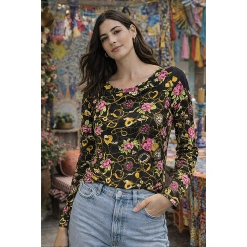 Betsey Johnson Womens Floral Heart Chain Long Sleeve Top Black Pink Gold M